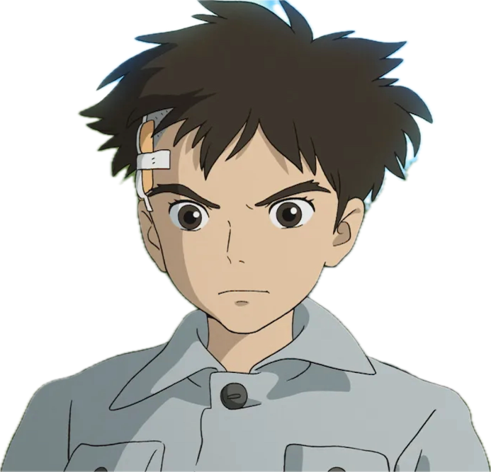 image of mahito from the boy and the heron, a schoolboy with a bandage on the side of his head